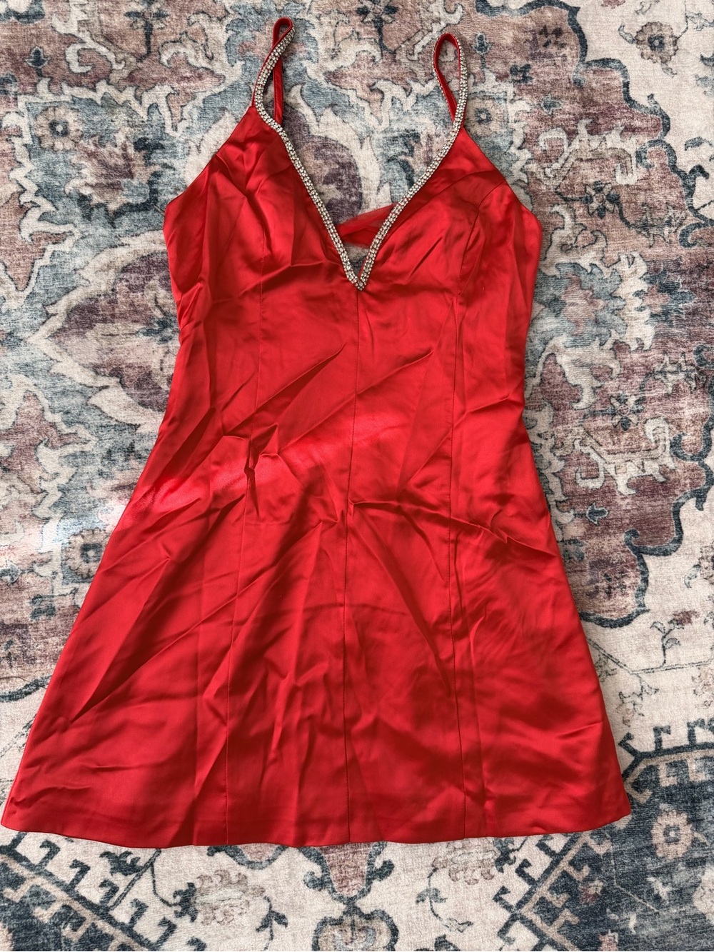 Dolls Kill Red Satin Mini Dress with Rhinestone Ring Accent